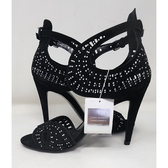 Zara Womens Black Leather Strappy 4" Heels Size 9 Open Toe Sandal Rhinestones - Picture 6 of 15